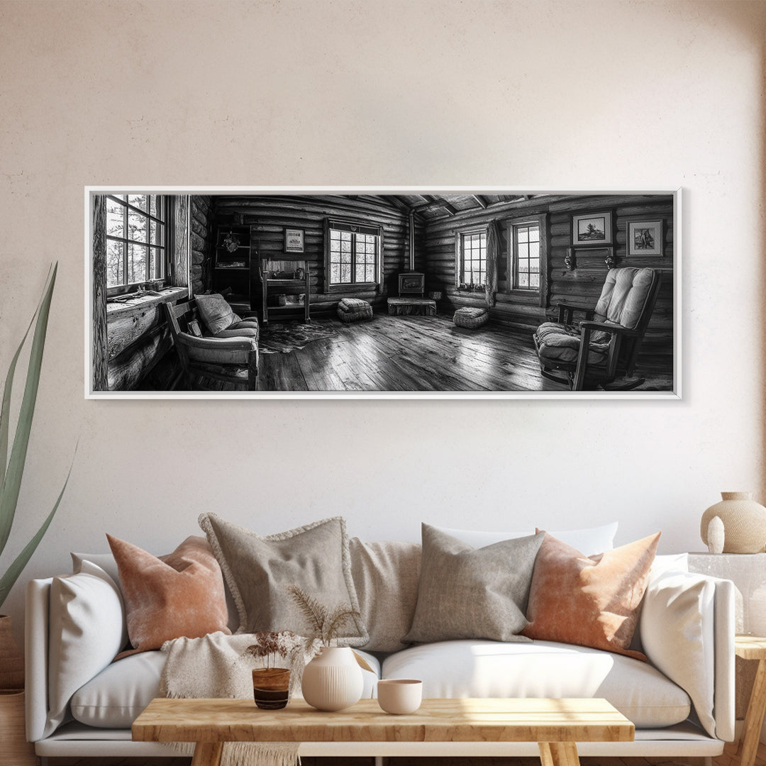 Rustic Cabin, Cozy Interior, Nature Retreat, Framed Canvas Print, Living Room Wall Art, Black and White Photography, Lodge Decor