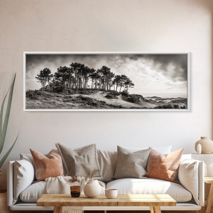 Coastal Pines, Ocean View, Windswept Trees, Framed Canvas Print, Minimalist Landscape Art, Neutral Tones, Entryway Wall Decor