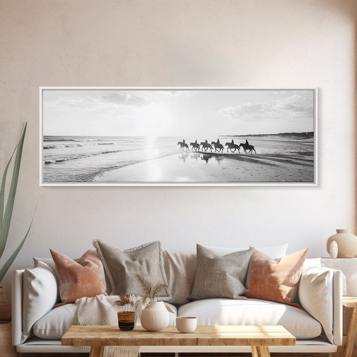 Beach Riders, Horseback Freedom, Seaside Journey, Canvas Print, Monochrome Wall Art, Coastal Living Room Decor, Nature Photography
