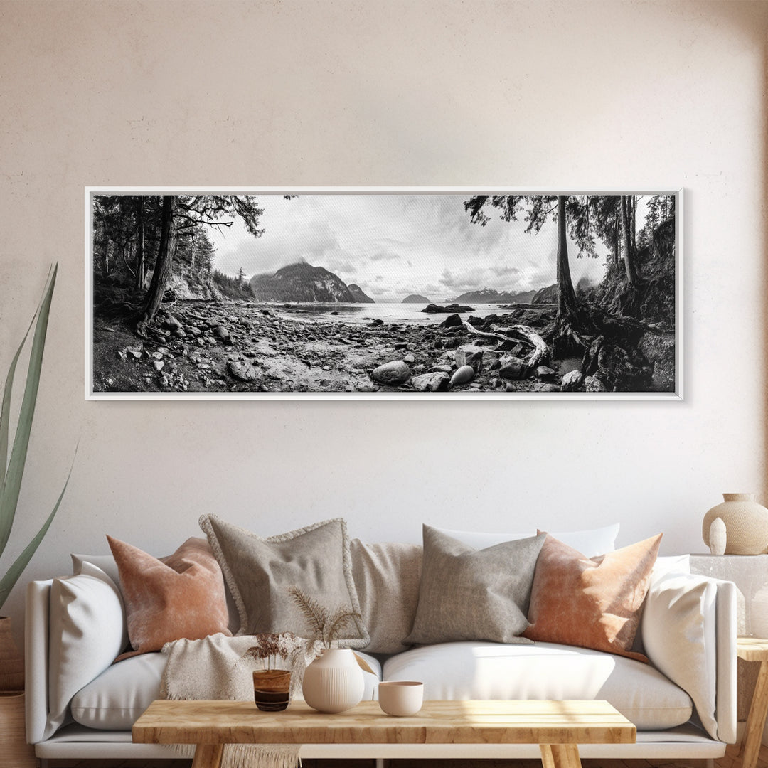 Rocky Shore, Ocean Vista, Misty Wilderness, Framed Canvas Print, Nature Wall Art, Monochrome Landscape, Cabin or Office Decor