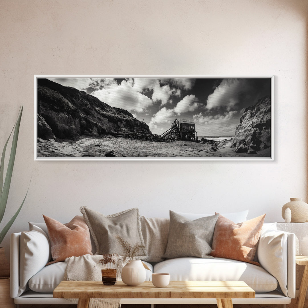 Cliff House, Ocean Cabin, Windy Coast, Framed Canvas Print, Moody Landscape Art, Rustic Wall Decor, Autumn Entryway Art