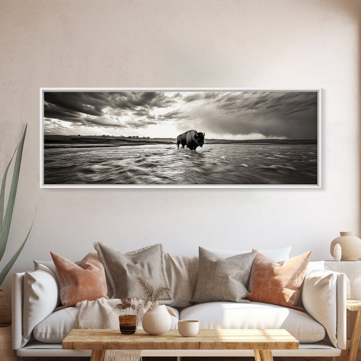 Bison River, Prairie Storm, American West, Framed Canvas Print, Rustic Nature Art, Fall Living Room Decor, Wildlife Photography