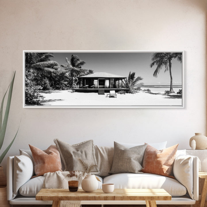 Beach House, Palm Retreat, Tropical Hideaway, Island Dream, Framed Canvas Print, Coastal Wall Art, Bedroom Decor, Tropical Vacation Aesthetic