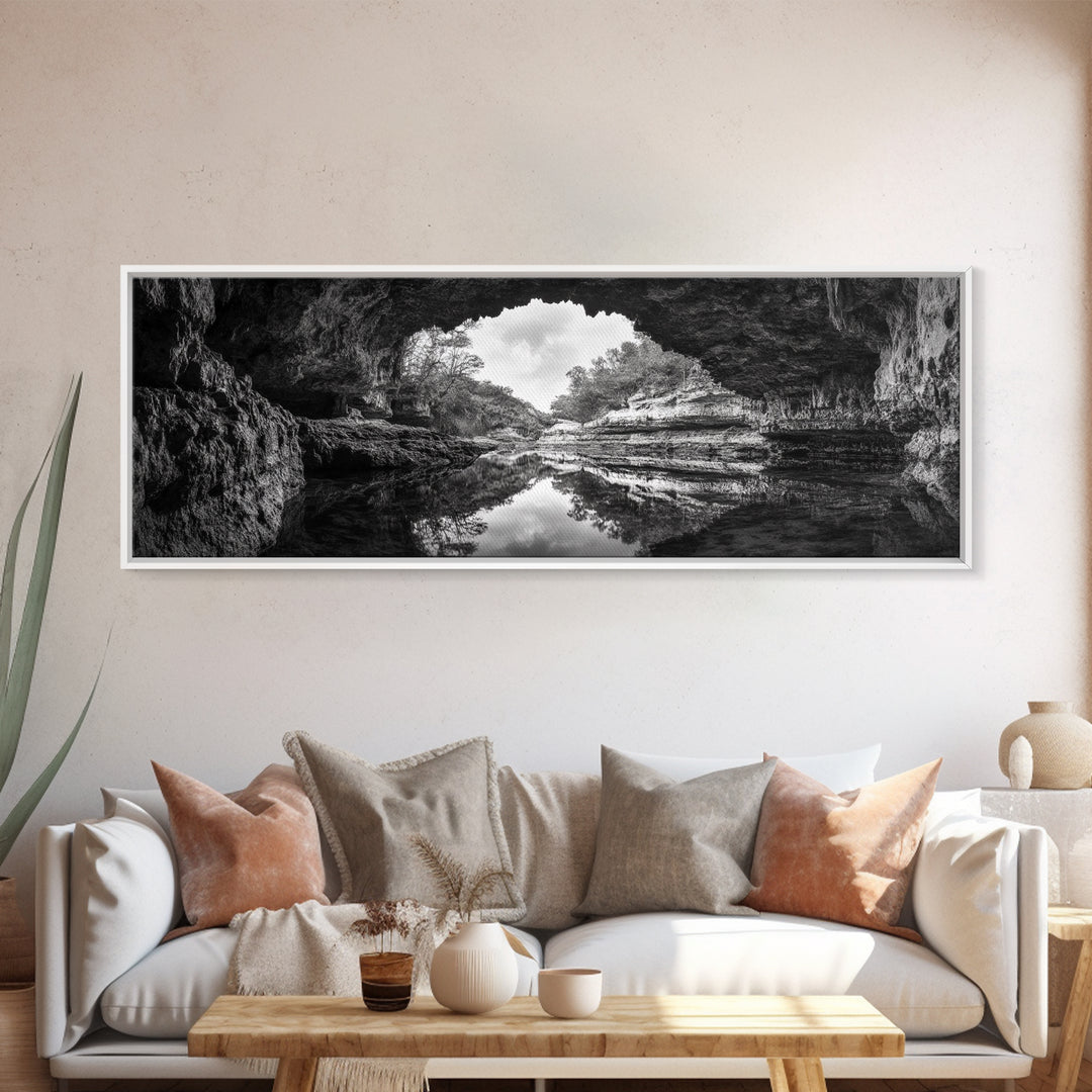 Cave Opening, Reflected Water, Nature Frame, Canvas Print, Monochrome Landscape, Natural Wall Art, Earthy Bathroom Art, Den Decor