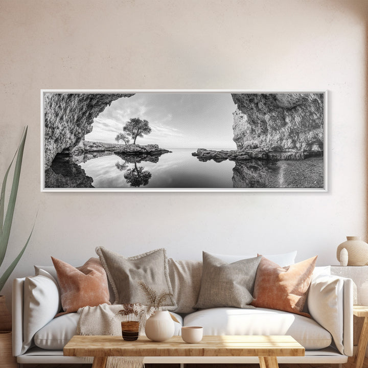 Coastal Cave, Reflection Landscape, Nature Calm, Framed Canvas Print, minimalist ocean wall decor, tranquil tree photography, zen entryway art