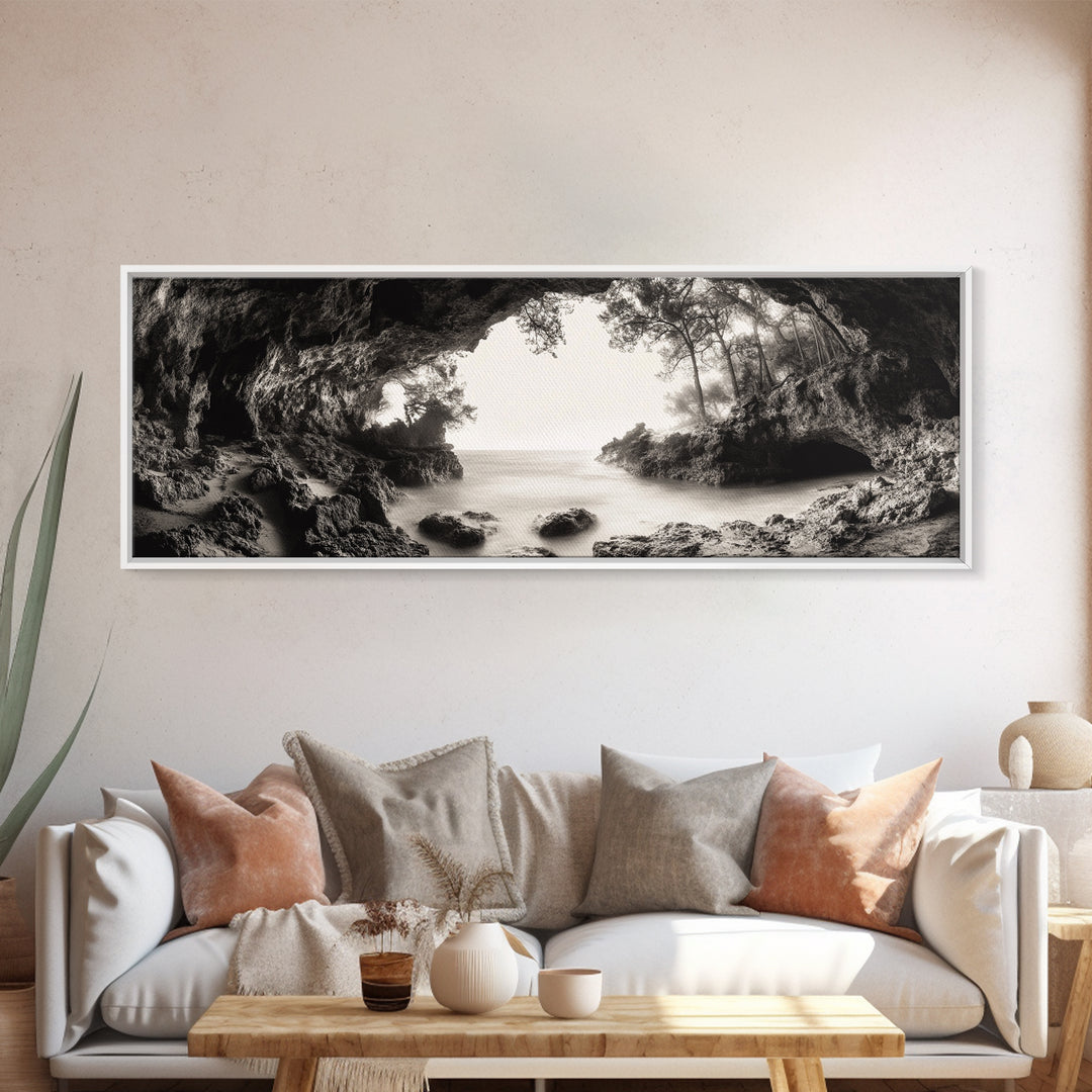 Ocean Cave, Coastal Trees, Natural Light, Canvas Print, tranquil coastal wall art, bedroom boho decor, dreamy nature scene artwork