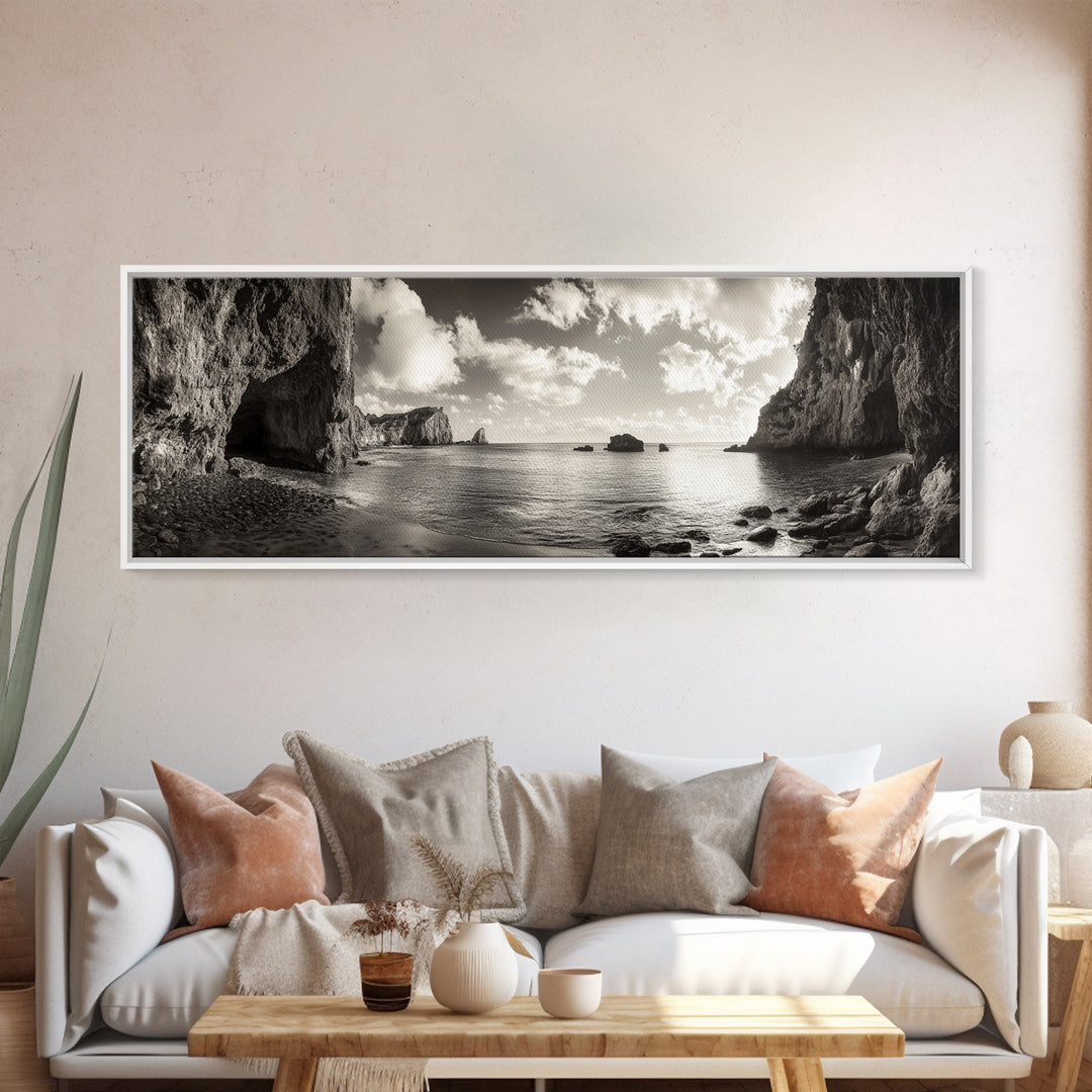 Coastal Cliffs, Ocean Horizon, Dramatic Sky, Framed Canvas Print, neutral living room decor, seascape photography, rustic modern wall art
