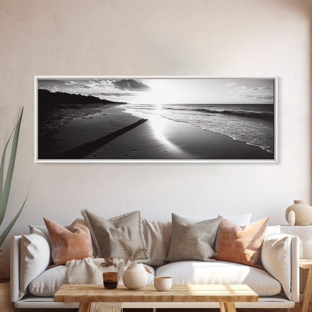 Beach Horizon, Sunset Shoreline, Ocean Reflections, Framed Canvas Print, black and white coastal art, modern bedroom wall decor