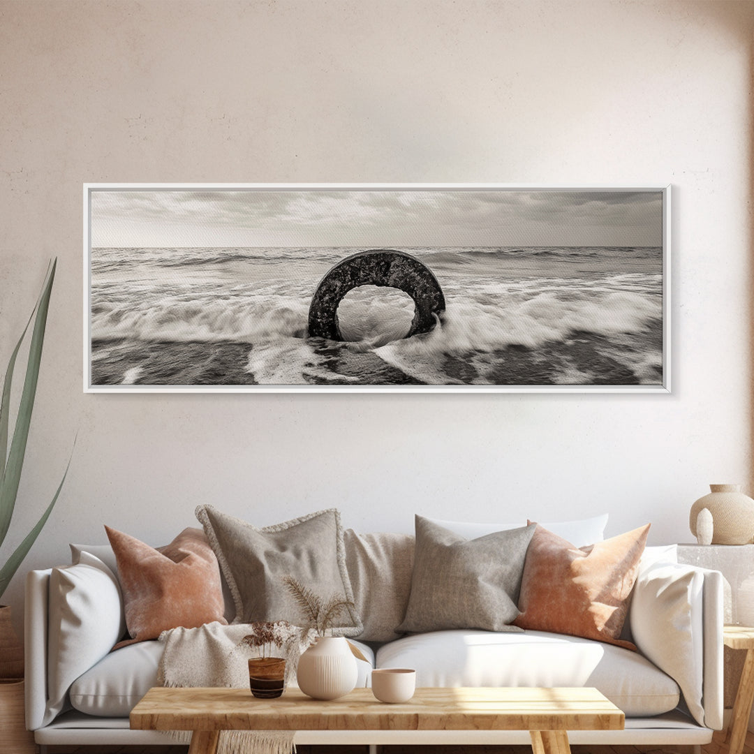 Ocean Ring, Waves Crashing, Sea Sculpture, Framed Canvas Print, unique beach photography, industrial coastal wall art, modern bathroom decor