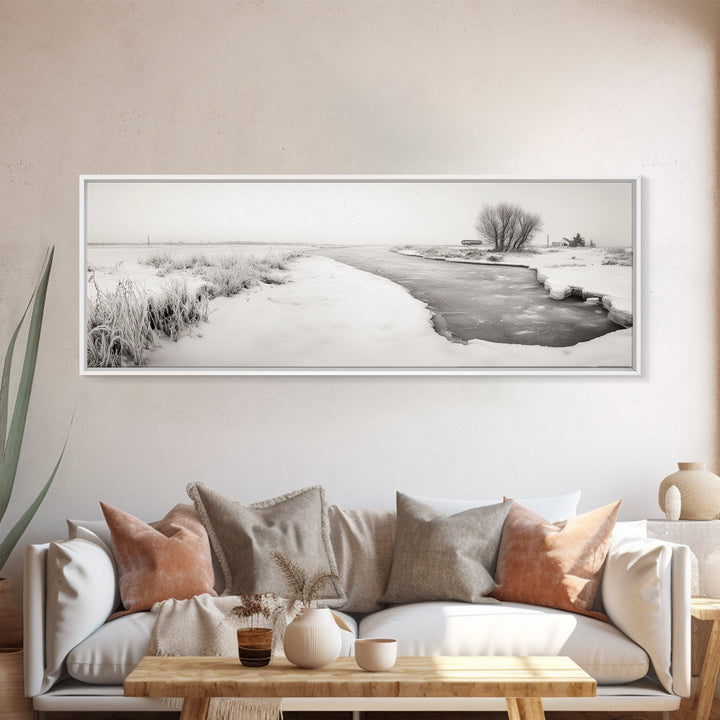 Winter River, Frosty Fields, Minimalist Landscape, Canvas Print, Modern neutral art, Rustic home decor, Entryway wall art, Scandinavian vibe