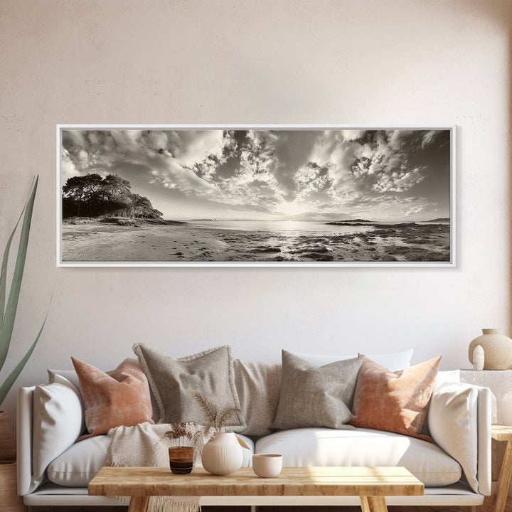 Coastal Sunrise, Expansive Sky, Cloudy Horizon, Framed Canvas Print, Earthy tone art, Beach house decor, Bedroom wall print, Serene landscape