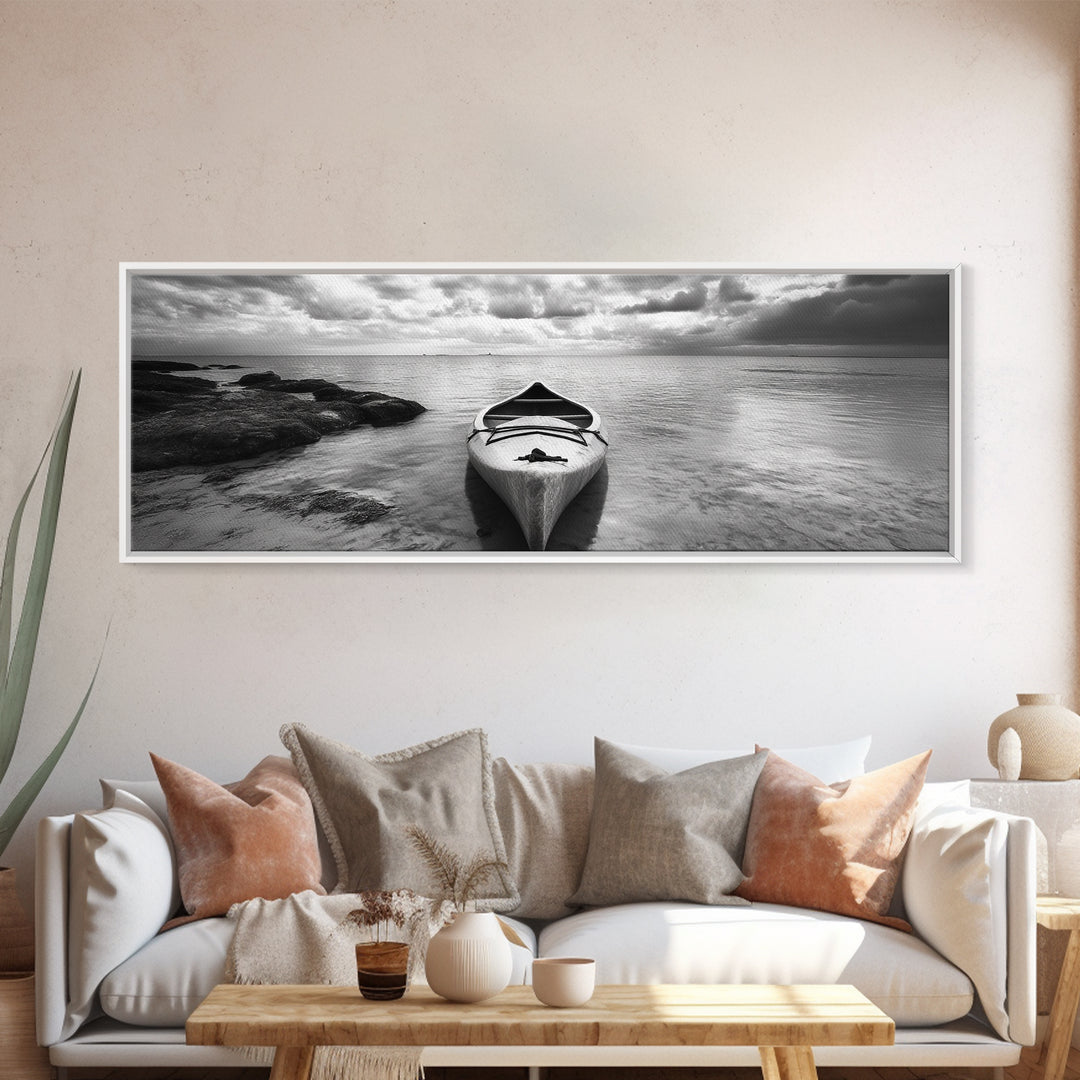 Canoe at Shore, Calm Waters, Peaceful Escape, Framed Canvas Print, Adventure art, Lakehouse decor, Hallway wall piece, Monochrome nature