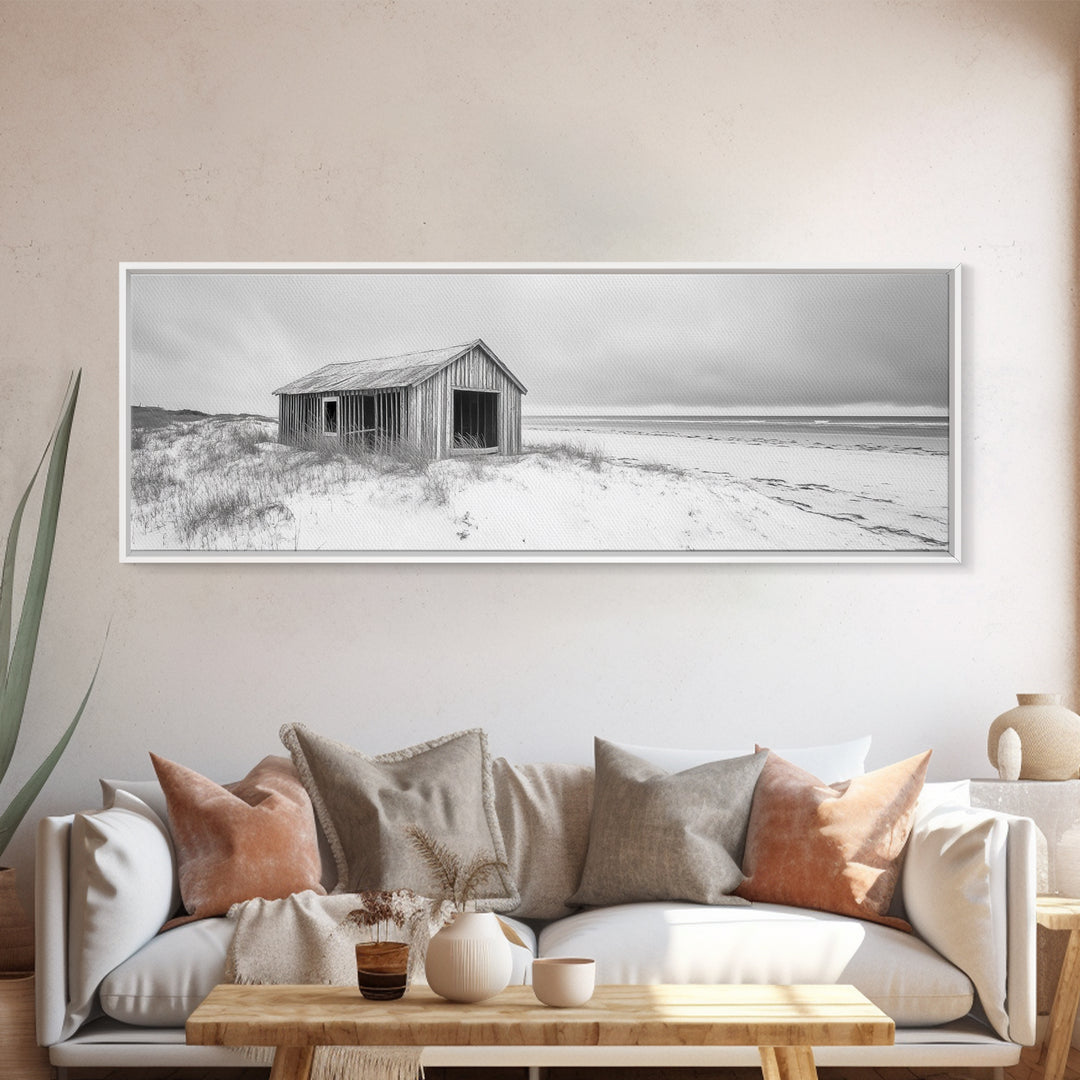 Abandoned Shack, Coastal Ruin, Weathered Barn, Ocean Horizon, Framed Canvas Print, Rustic Wall Art, Fall Decor, Minimal Seaside Aesthetic