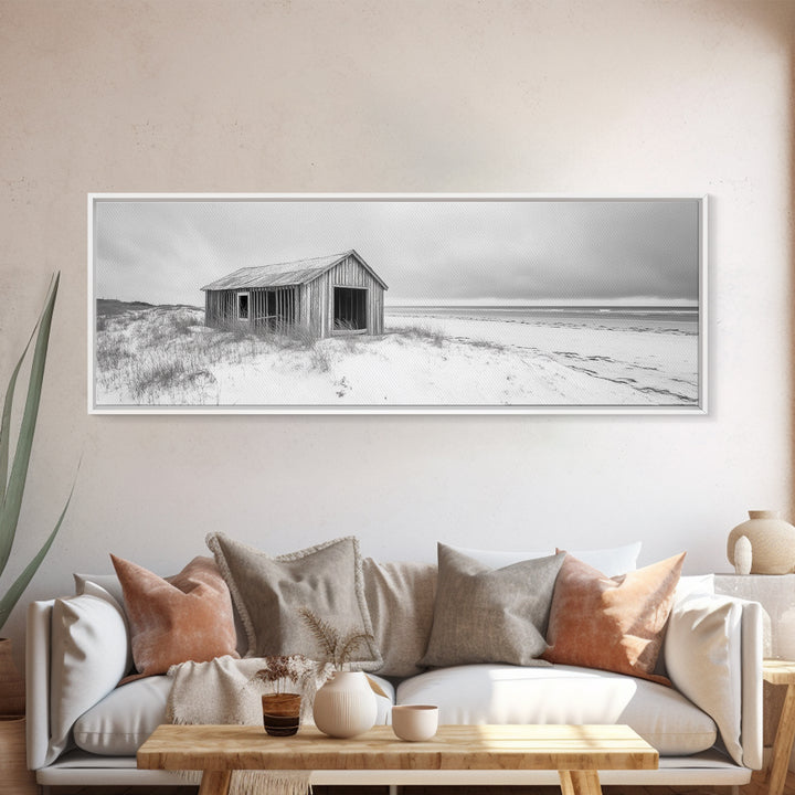 Abandoned Shack, Coastal Ruin, Weathered Barn, Ocean Horizon, Framed Canvas Print, Rustic Wall Art, Fall Decor, Minimal Seaside Aesthetic