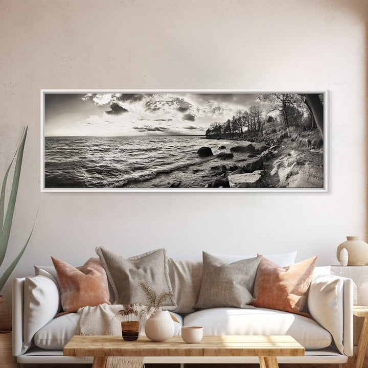 Coastal Shoreline, Autumn Landscape, Nature Photography, Framed Canvas Print, Rustic Decor, Lake House Art, Fall Wall Art, Neutral Tones