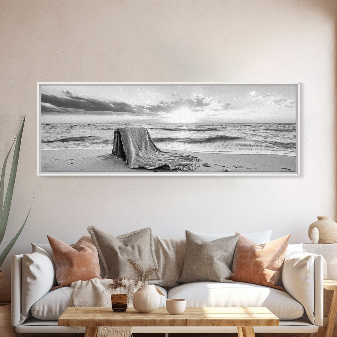 Blanket Beach, Woven Texture, Ocean Sunset, Tranquil Shore, Framed Canvas Print, Boho Wall Art, Bedroom Decor, Soft Coastal Photography Style