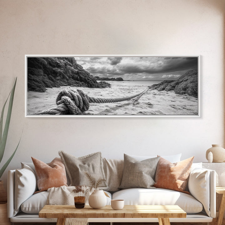 Nautical Rope Shore, Moody Ocean Rocks, Coastal Minimalist, Framed Canvas Print, Entryway Wall Art, Rustic Nautical Decor, Lakehouse Wall Art