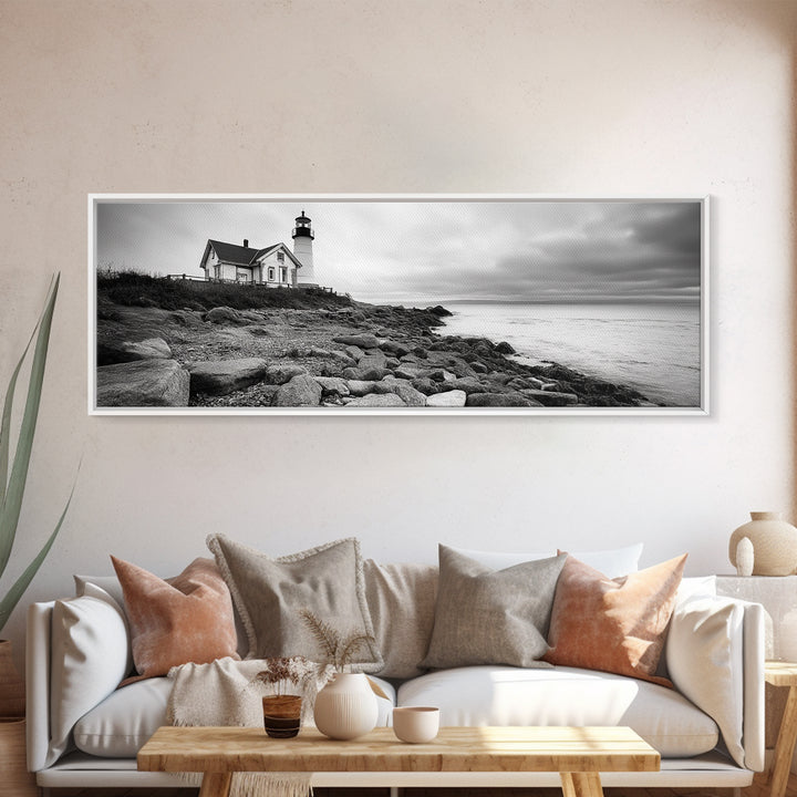 Classic Lighthouse Shore, Rocky Coastline Fog, Seaside Charm, Framed Canvas Print, Office Wall Art, New England Coastal Decor