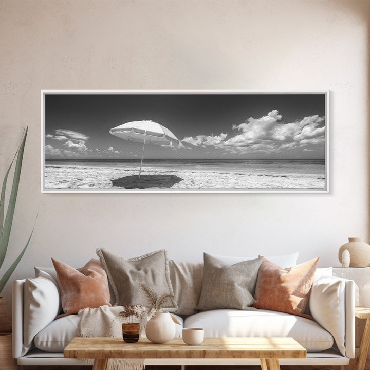 Beach Umbrella, Sunny Sky, Ocean Escape, Seaside Shade, Framed Canvas Print, Summer Wall Art, Bathroom Decor, Minimalist Coastal Style