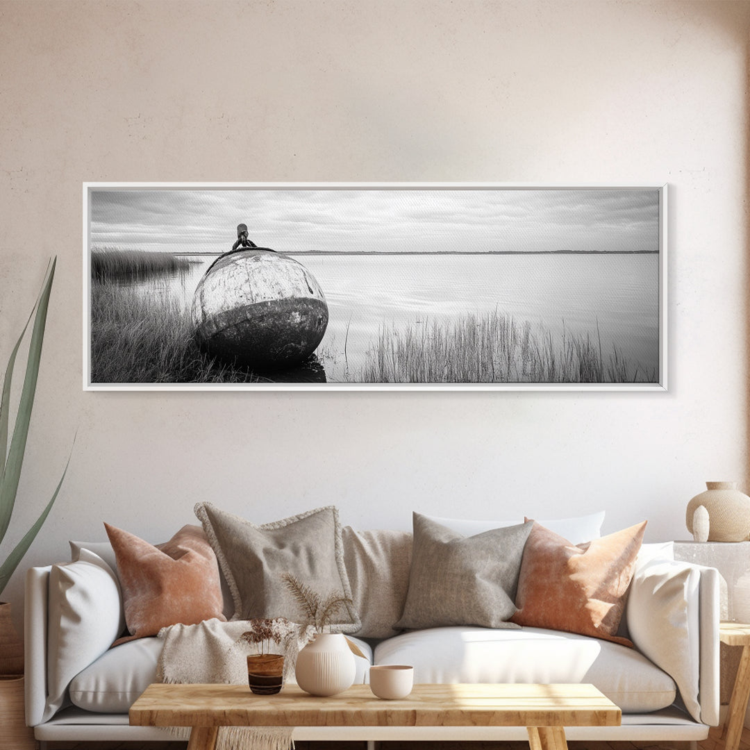 Coastal Buoy, Still Waters, Nautical Calm, Framed Canvas Print, Lakeside Bathroom Art, Maritime Style, Rustic Ocean Decor