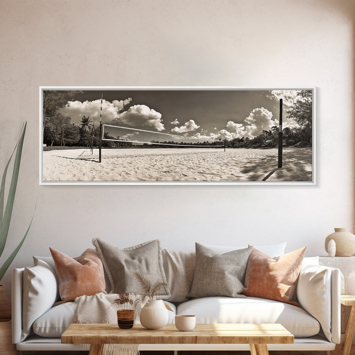 Beach Volleyball, Sand Court, Summer Fun, Tropical Clouds, Framed Canvas Print, Sports Room Wall Art, Coastal Decor, Sepia Beach Art
