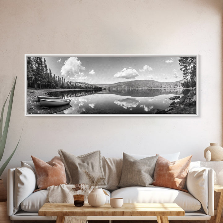 Canoe Lake, Still Water, Pine Forest, Outdoor Serenity, Canvas Print, Nature Wall Art, Rustic Cabin Decor, Peaceful Landscape, Neutral Tones