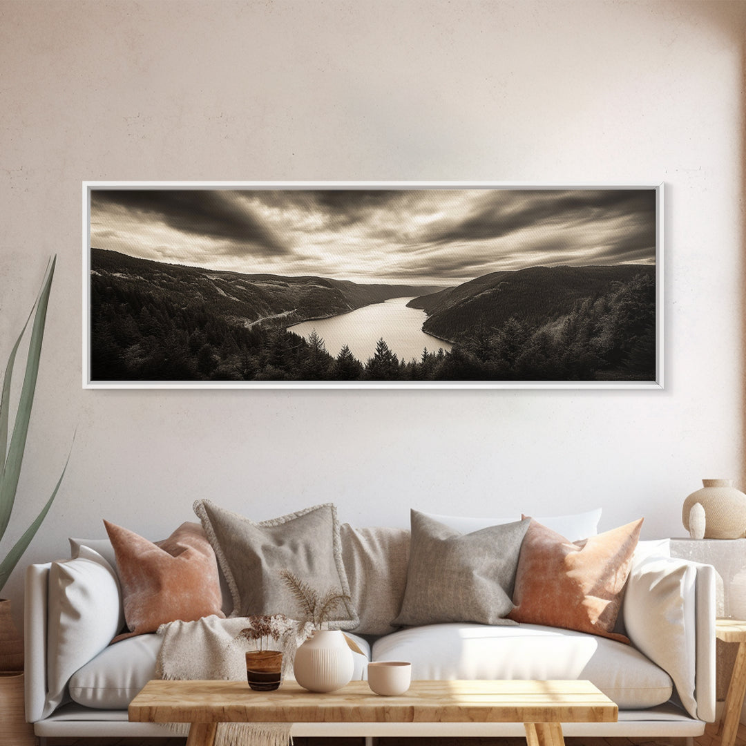 River Valley View, Dramatic Sky, Forest Landscape, Framed Canvas Print, Nature Photography, Entryway Wall Art, Moody Earth Tones