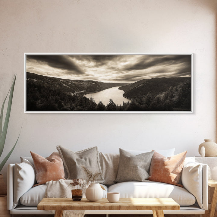 River Valley View, Dramatic Sky, Forest Landscape, Framed Canvas Print, Nature Photography, Entryway Wall Art, Moody Earth Tones