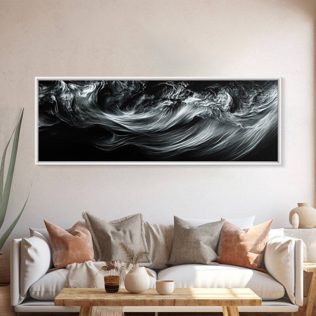 Abstract Ocean Waves, Motion Energy Art, Black and White Fluid Lines, Framed Canvas Print, Modern Wall Art, Minimalist Living Room