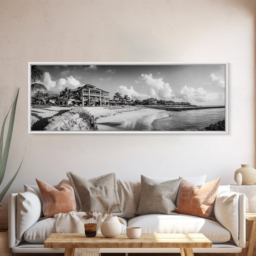 Beach Resort, Tropical Luxury, Oceanfront Hotel Art, Framed Canvas Print, Vacation Vibes, Bedroom Wall Art, Monochrome Decor