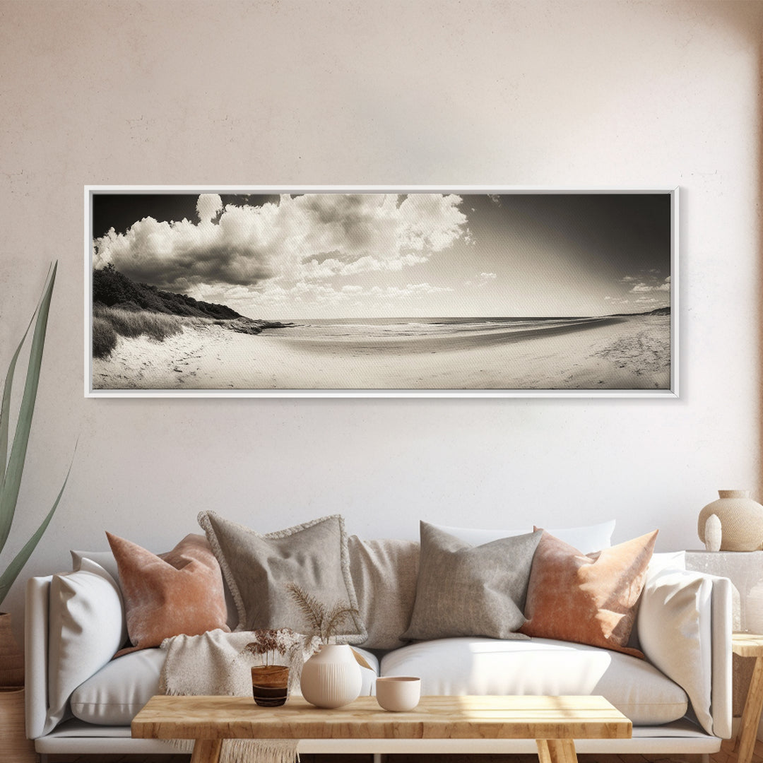 Cloudy Beach, Sandy Shoreline, Coastal Serenity, Framed Canvas Print, Neutral Tones Wall Art, Minimalist Bathroom or Hallway Decor