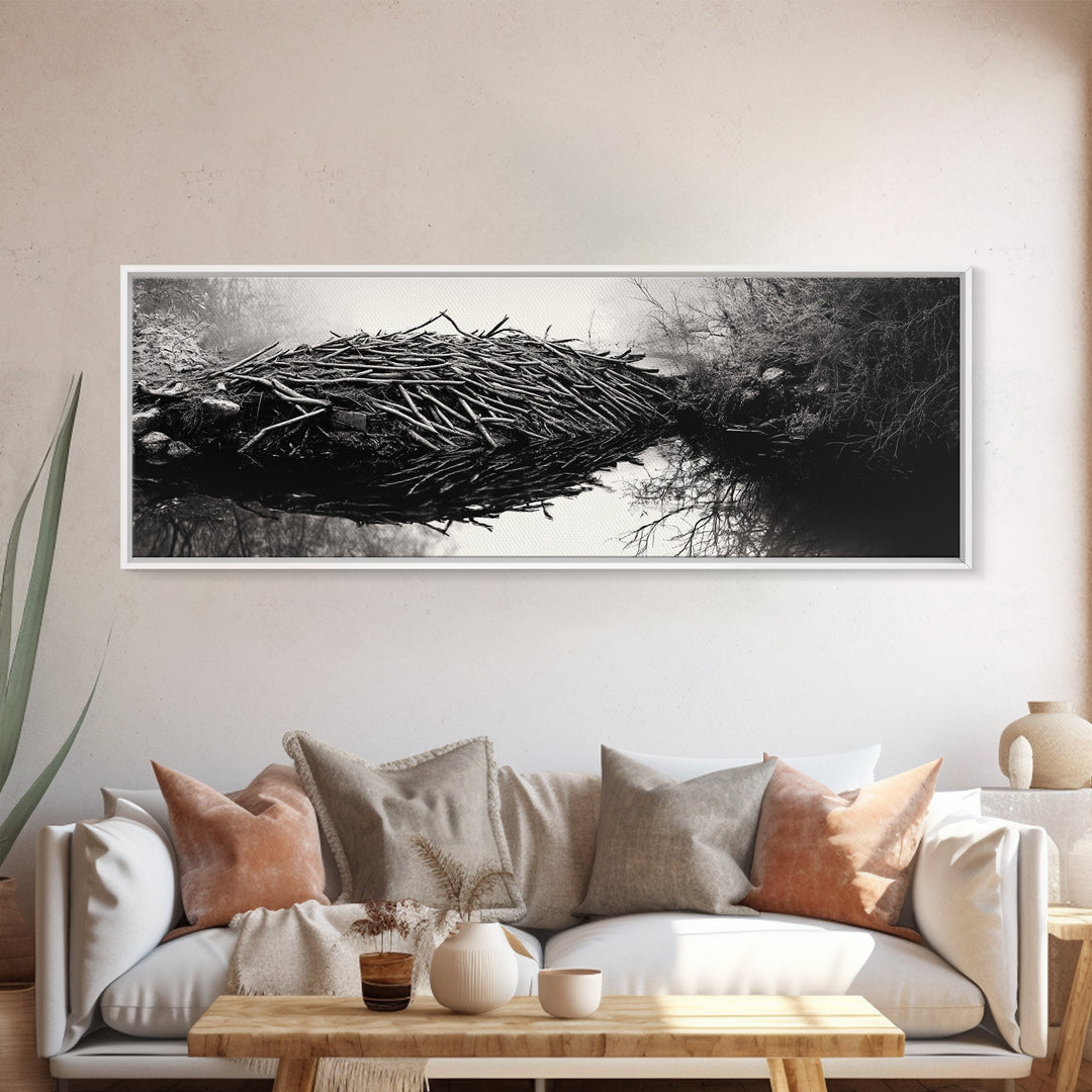 Beaver Dam, Nature Structure, Quiet Creek, Reflection Art, Framed Canvas Print, Cabin Wall Art, Rustic Decor, Woodland Black and White Art