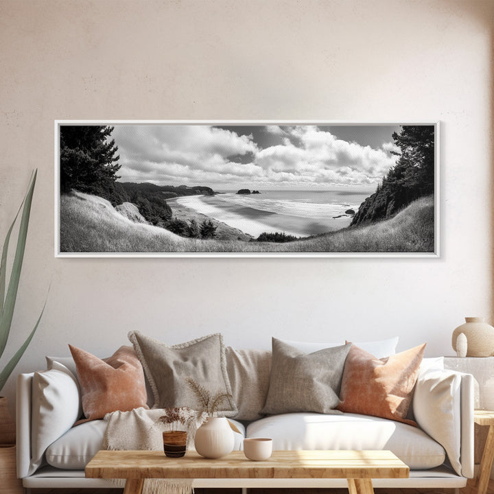 Ocean Bluff View, Seaside Hills, Coastal Forest Horizon, Framed Canvas Print, Nature Landscape Art, Living Room or Office Decor