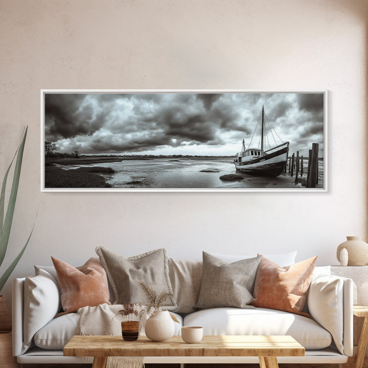 Abandoned Fishing Boat, Coastal Storm Scene, Rustic Nautical Decor, Framed Canvas Print, Beach House Art, Autumn Decor, Moody Wall Print
