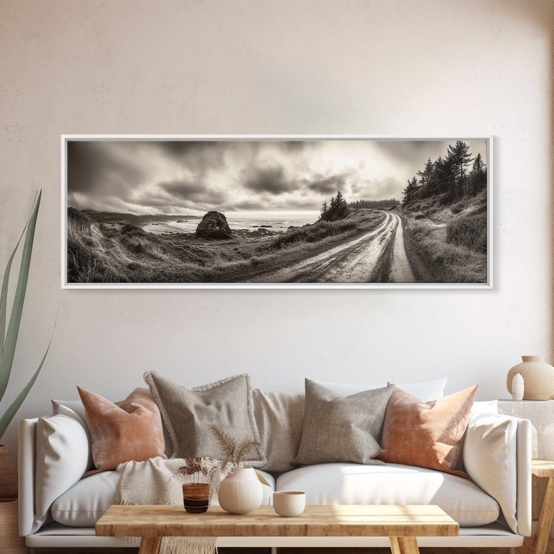 Coastal Road Journey, Overcast Ocean View, Scenic Drive Art, Framed Canvas Print, Fall Landscape Wall Art, Nature Lover, Living Room Decor