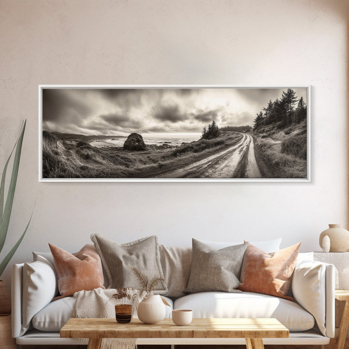 Coastal Road Journey, Overcast Ocean View, Scenic Drive Art, Framed Canvas Print, Fall Landscape Wall Art, Nature Lover, Living Room Decor