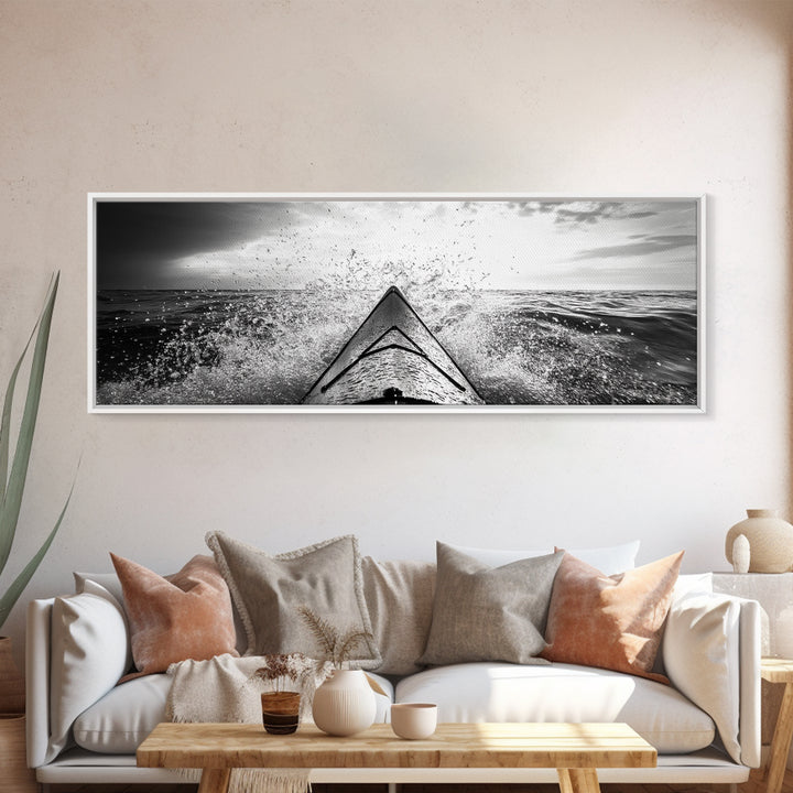 Ocean Kayak Splash, Adventure Wall Art, Ocean Motion, Black And White Canvas Print, Modern Decor, Nautical Style, Sports Lover Gift