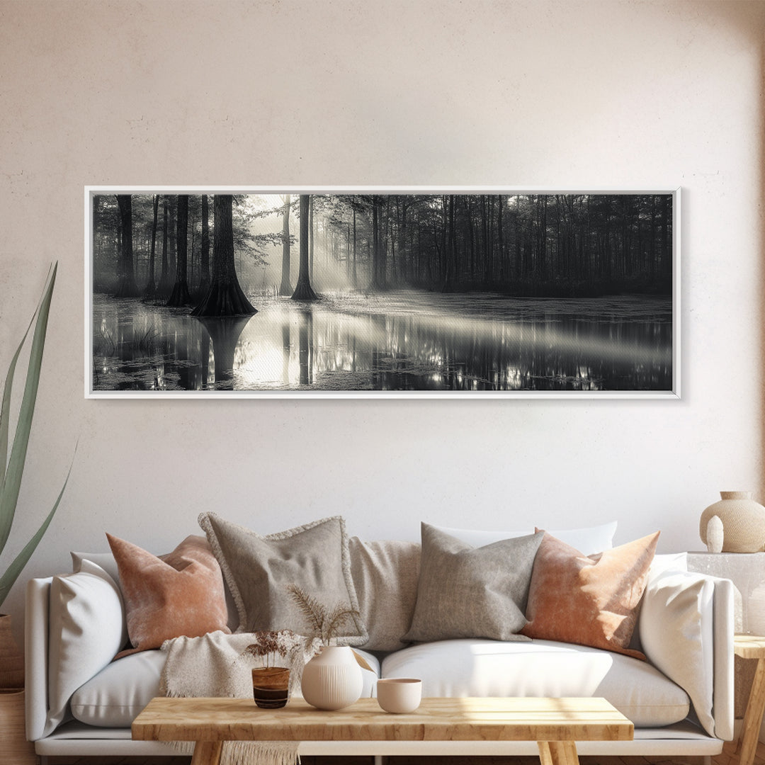 Cypress Swamp, Foggy Forest, Morning Light, Still Waters, Framed Canvas Print, Nature Wall Art, Autumn Decor, Moody Forest Photography