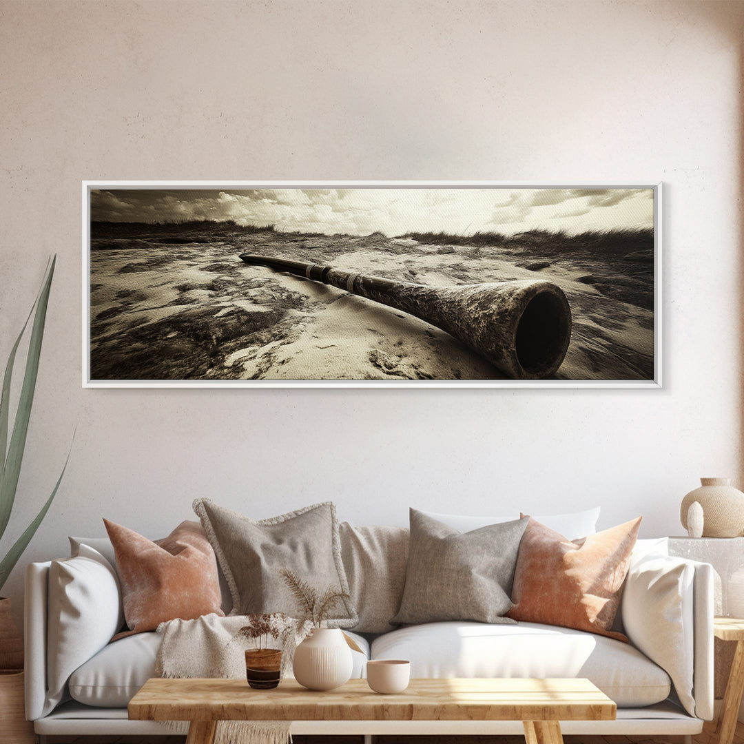 Didgeridoo Desert Scene, Tribal Instrument Art, Rustic Beach Vibe, Boho Music Decor, Framed Canvas Print, Eclectic Living Room Wall Art