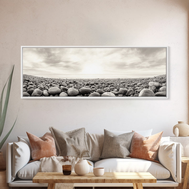 Pebble Shoreline, Soft Horizon, Beach Sunrise, Calm Coastal Decor, Framed Canvas Print, Neutral Tones, Bedroom Wall Art, Nature Minimalism