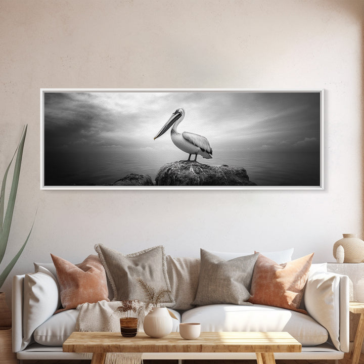 Coastal Pelican, Ocean Rock, Tranquil Wildlife Scene, Framed Canvas Print, Beach House Wall Art, Seaside Nature Decor, Moody Tones