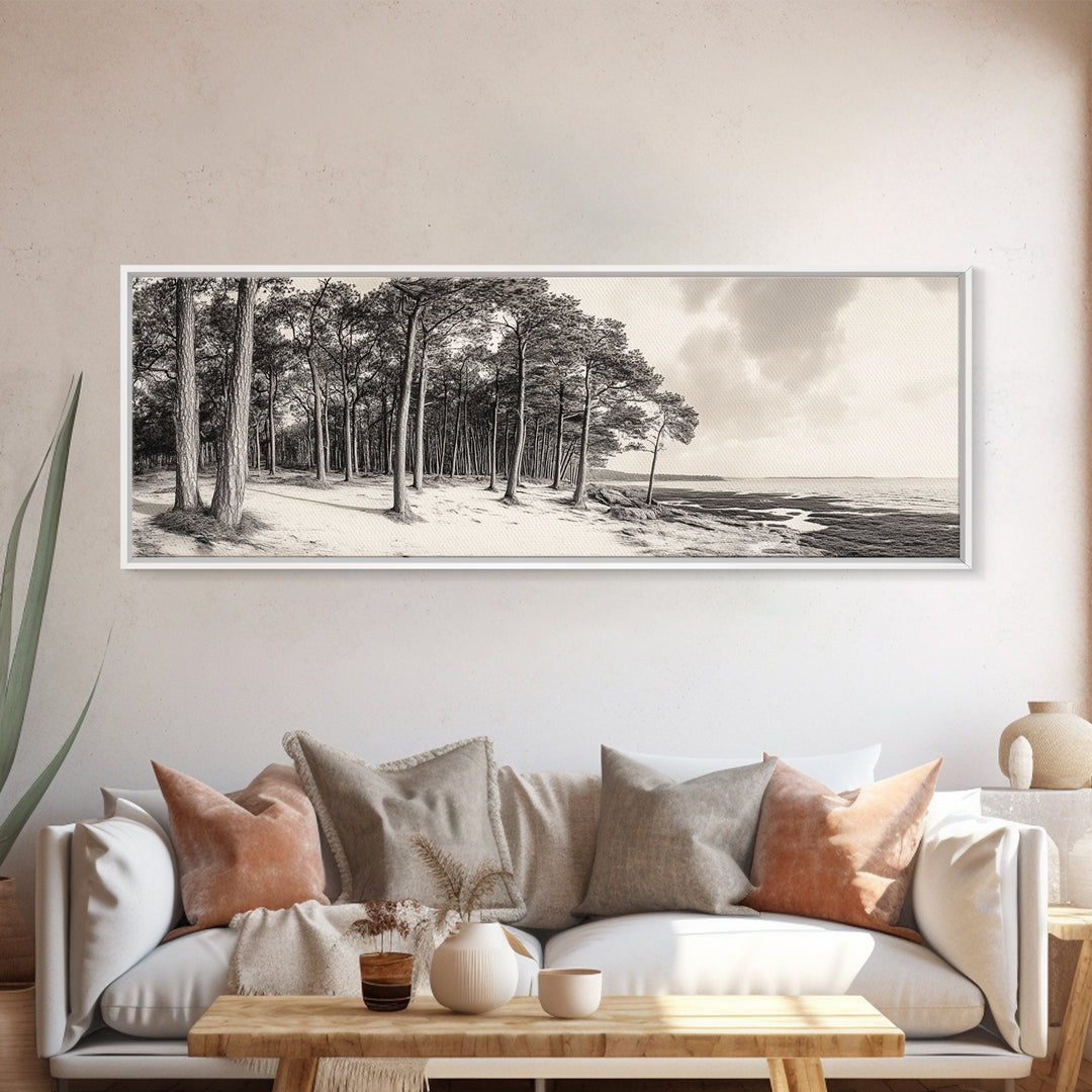 Pine Forest Coast, Tranquil Wilderness, Shoreline Trees, Earthy Coastal Scene, Framed Canvas Print, Rustic Wall Art, Autumn Cabin Decor