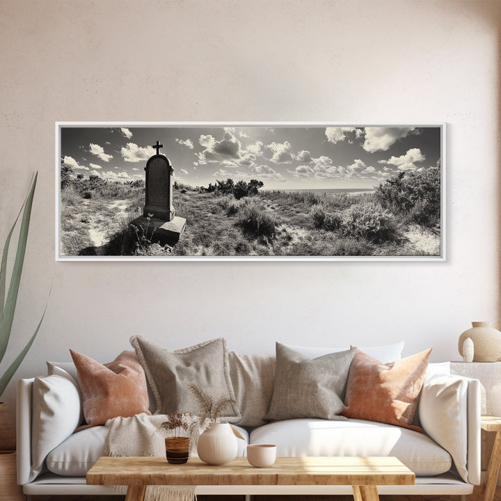 Coastal Tombstone, Sacred Landscape, Ocean Horizon, Graveyard Scene, Framed Canvas Print, Fall Living Room Decor, Moody Historical Art