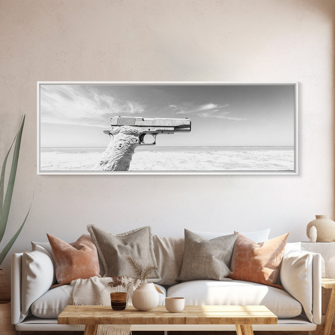 Desert Gun, Driftwood Grip, Coastal Surreal, Canvas Print, Minimalist Wall Art, Western Decor, Modern Living Room Art, Black and White Photo