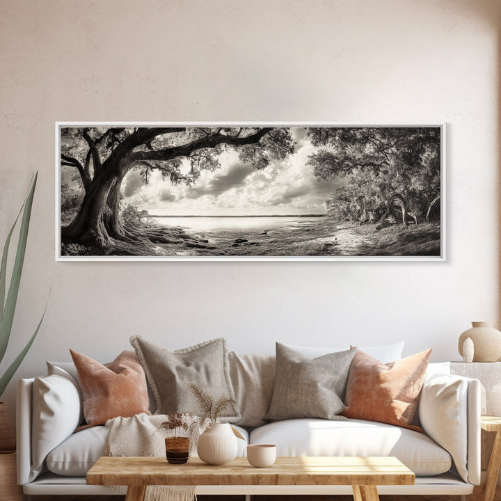 Ancient Tree, Spanish Moss, Forest Path, Framed Canvas Print, Rustic Nature Art, Living Room Wall Art, Earthy Tones, Woodland Photography