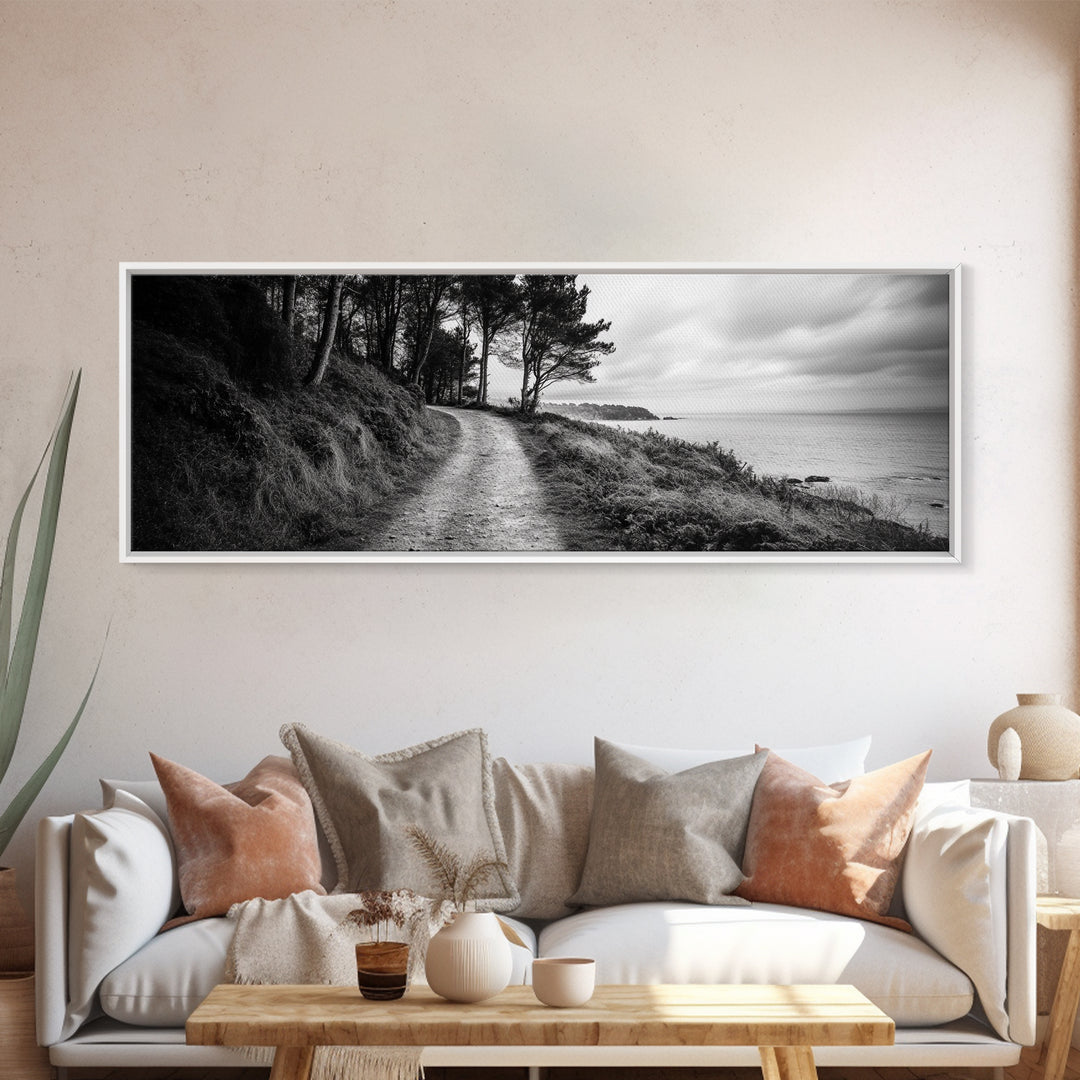 Coastal Trail, Forest Edge, Serene Path, Canvas Print, Black and White Nature Art, Entryway Wall Art, Tranquil Landscape, Moody Decor