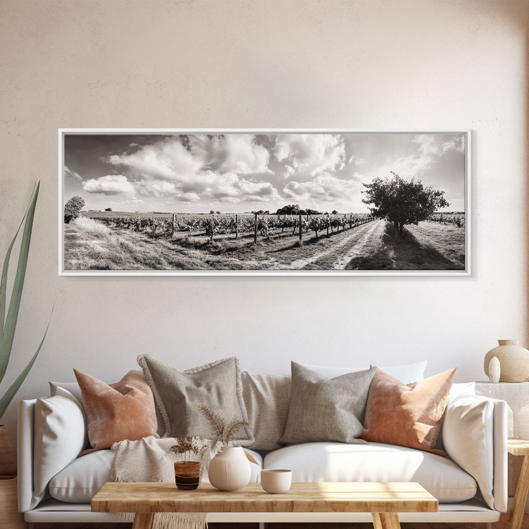 Vineyard Rows, Sunny Fields, Cloudy Sky, Canvas Print, Rustic Country Decor, Dining Room Wall Art, Wine Country Landscape, Farmhouse Style