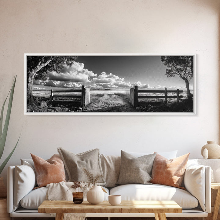 Wooden Fence, Open Field, Cloud Horizon, Framed Canvas Print, Country Landscape Photography, Entryway Wall Art, Farmhouse Autumn Decor