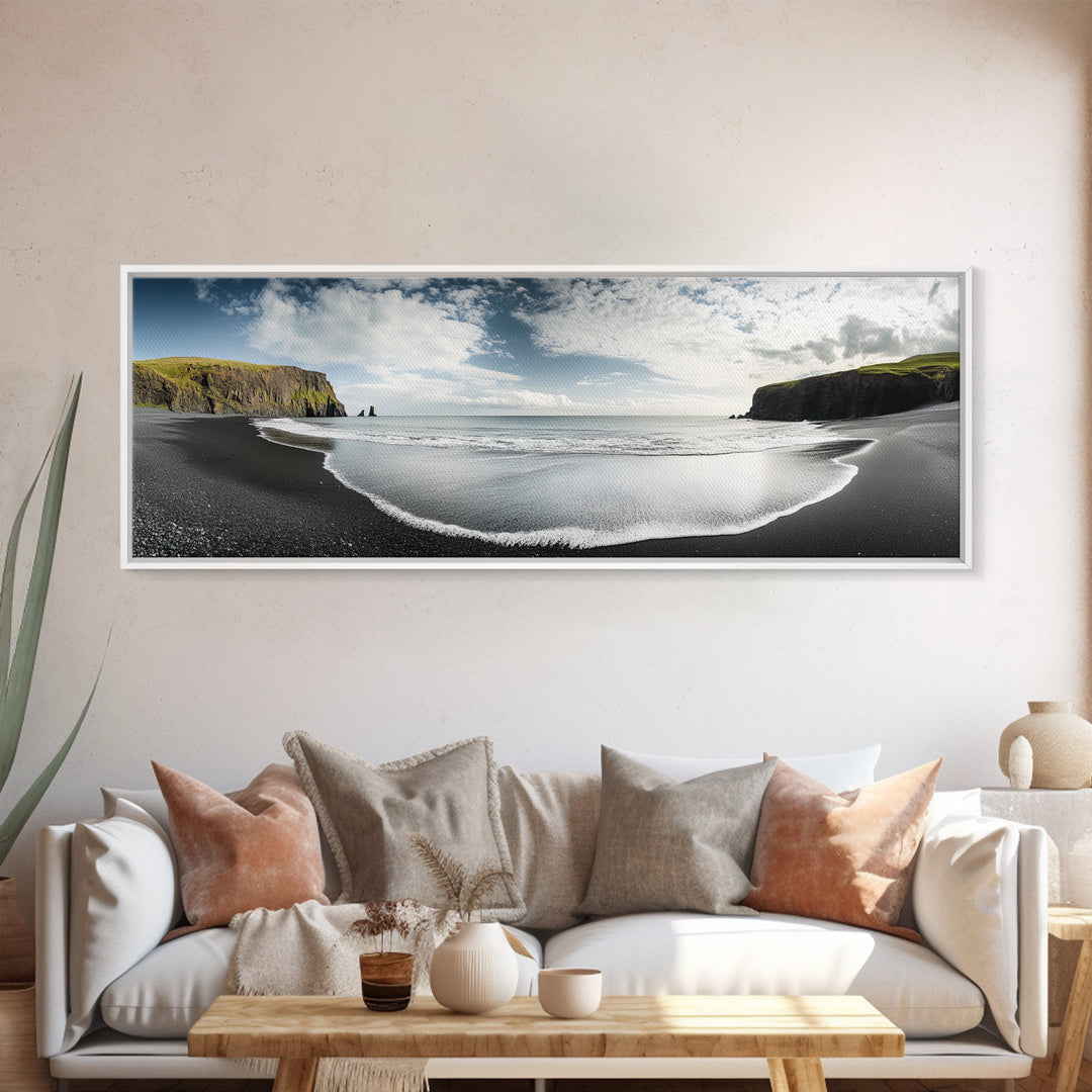 Black Sand Beach, Coastal Cliffs, Ocean Horizon, Icelandic Shore, Framed Canvas Print, Living Room Wall Art, Travel Landscape, Nature Decor