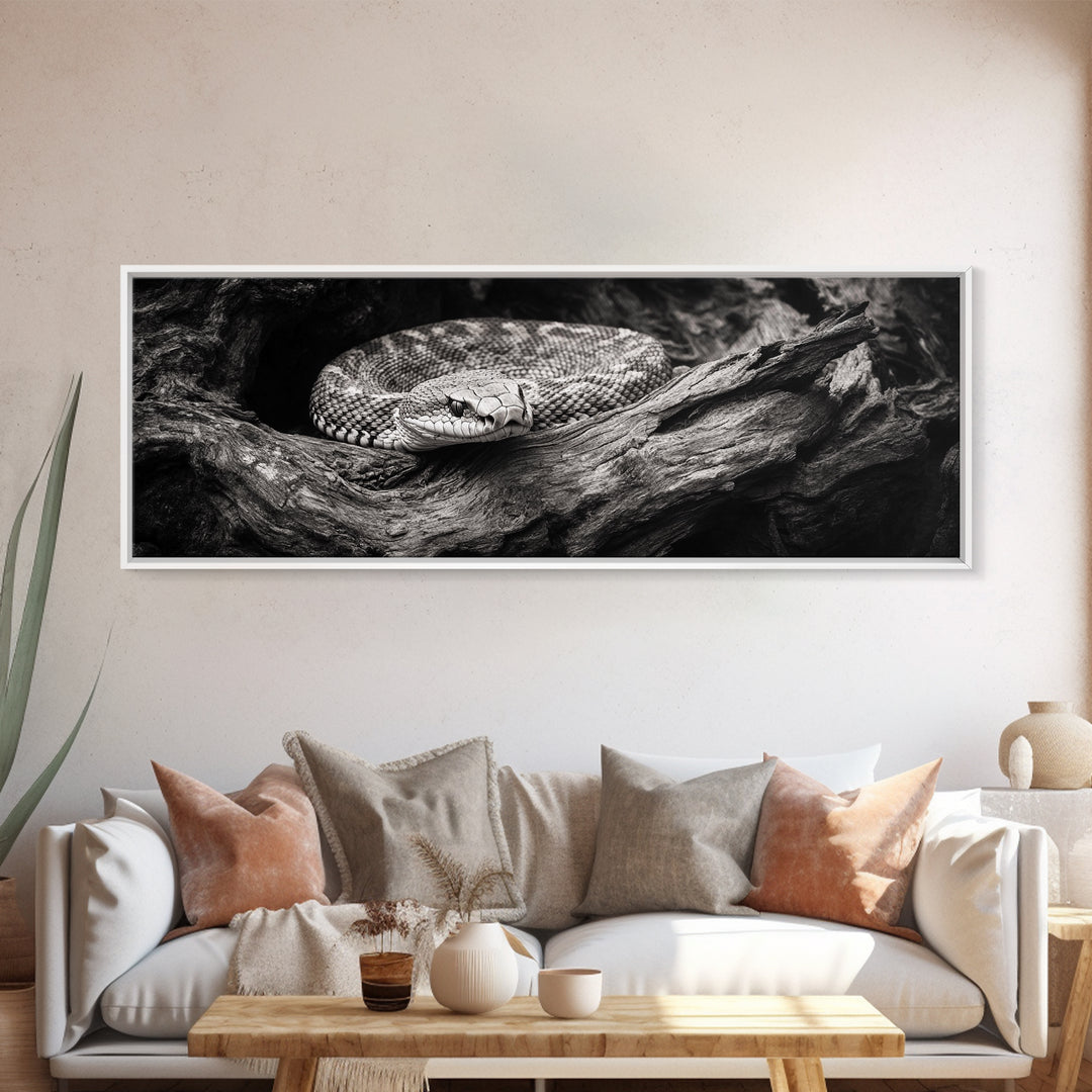 Coiled Rattlesnake, Wild Nature, Black and White, Canvas Print, Rustic Decor, Man Cave Wall Art, Cabin Style, Animal Photography, Moody Art
